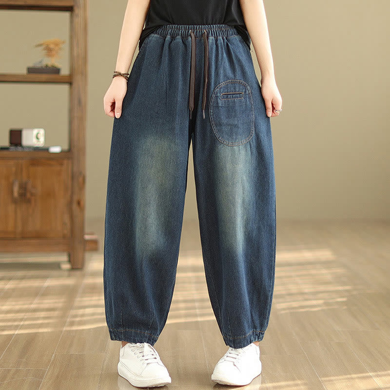 Buddha Stones Casual DarkSlateBlue Plain Kordelzug Baumwolle Damen Haremshose mit Taschen