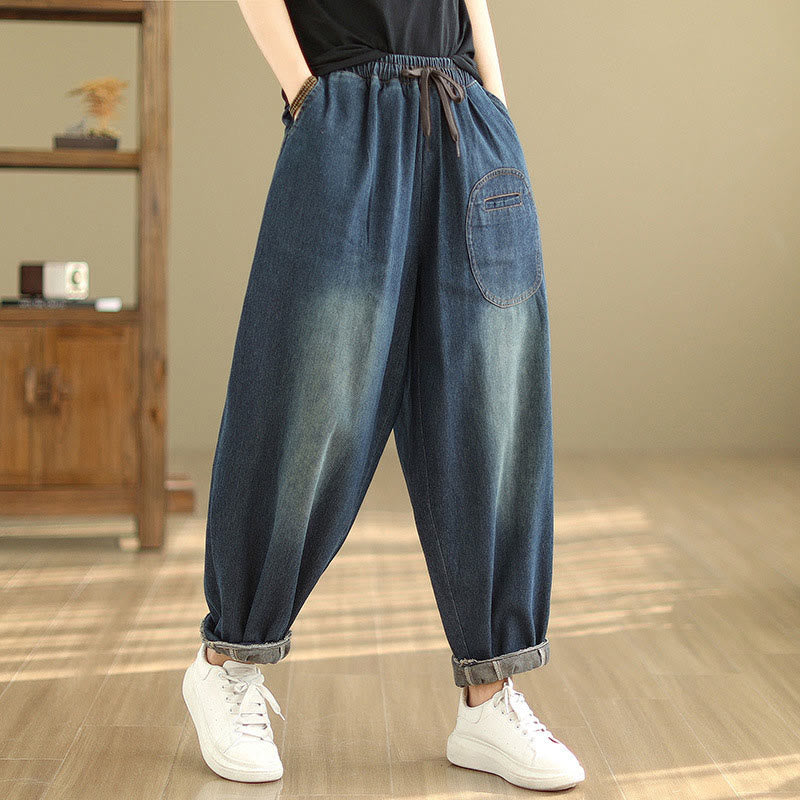 Buddha Stones Casual DarkSlateBlue Plain Kordelzug Baumwolle Damen Haremshose mit Taschen