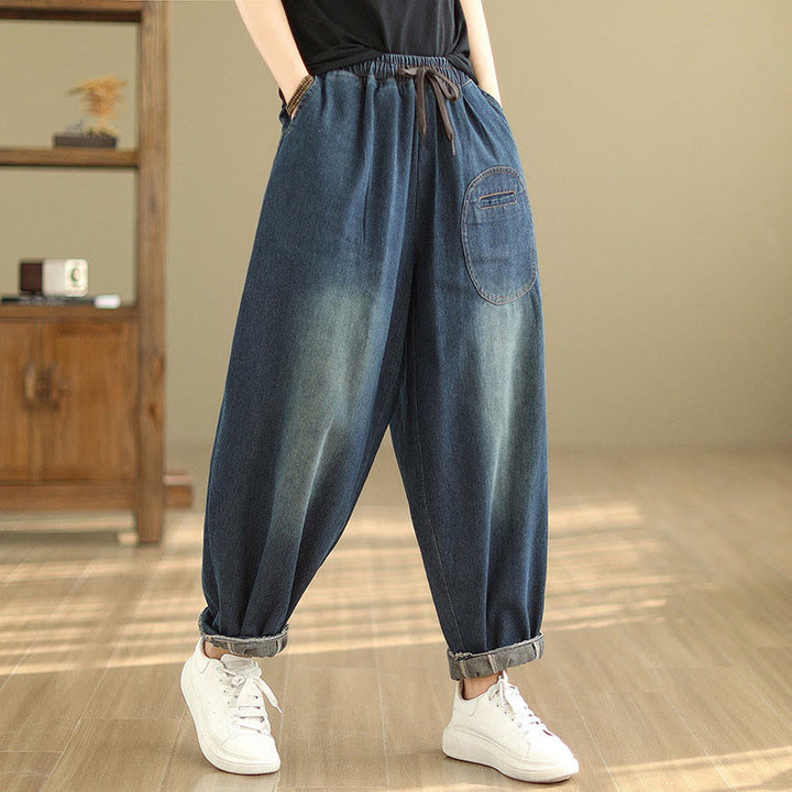 Buddha Stones Casual DarkSlateBlue Plain Kordelzug Baumwolle Damen Haremshose mit Taschen