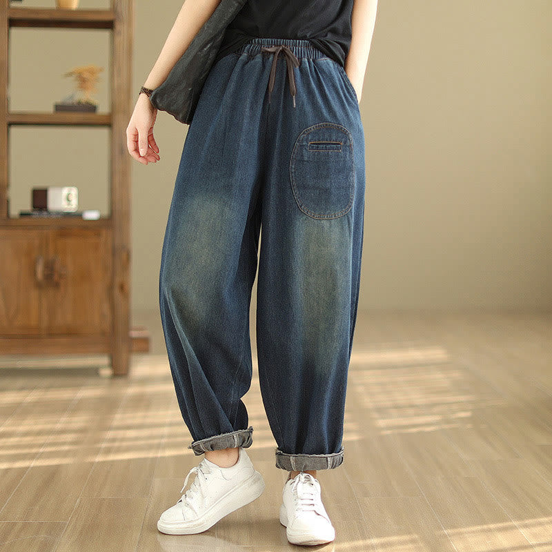 Buddha Stones Casual DarkSlateBlue Plain Kordelzug Baumwolle Damen Haremshose mit Taschen