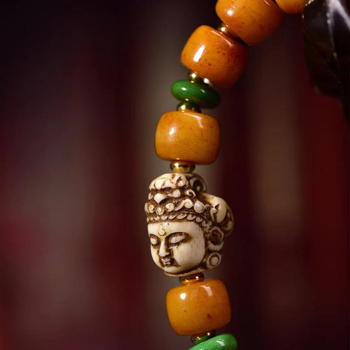Buddha Stones Armband aus natürlichem tibetischem Kamelknochen, Fassperlen, Buddha-Kopf, Glücks- und Schutzsymbol