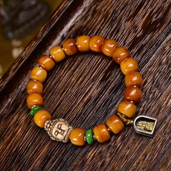 Buddha Stones Armband aus natürlichem tibetischem Kamelknochen, Fassperlen, Buddha-Kopf, Glücks- und Schutzsymbol