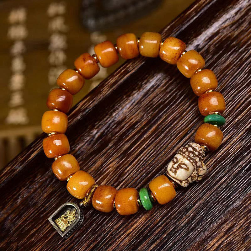 Buddha Stones Armband aus natürlichem tibetischem Kamelknochen, Fassperlen, Buddha-Kopf, Glücks- und Schutzsymbol