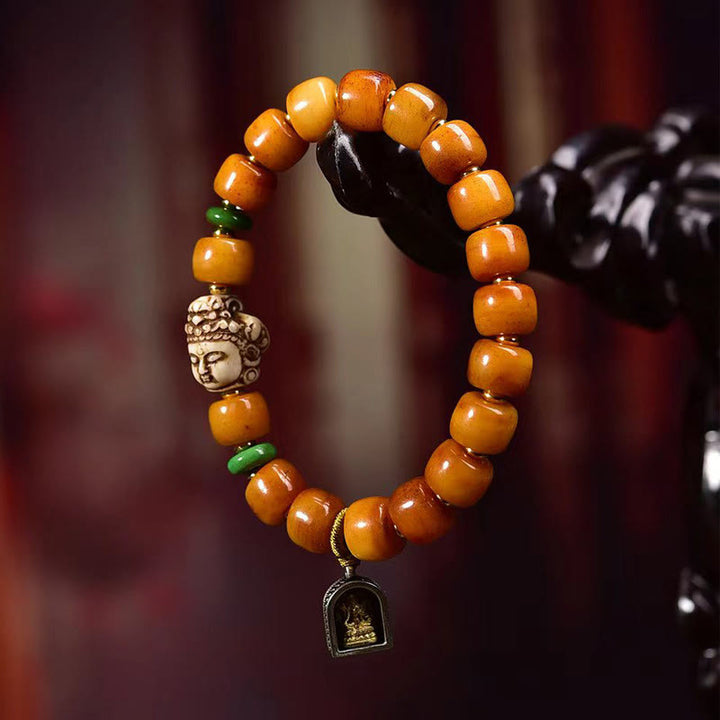 Buddha Stones Armband aus natürlichem tibetischem Kamelknochen, Fassperlen, Buddha-Kopf, Glücks- und Schutzsymbol