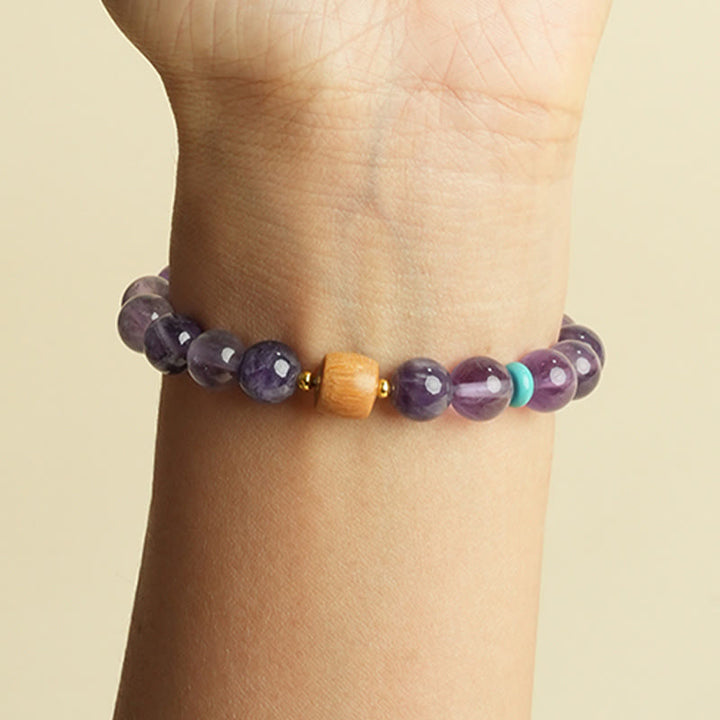 Buddha Stones Natürliches Amethyst-Glücks-Holzperlen-Friedensarmband