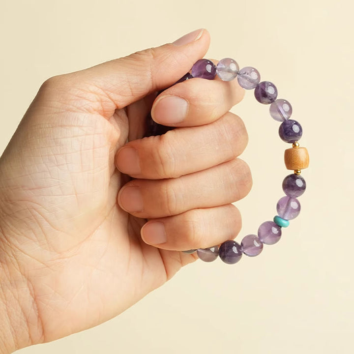 Buddha Stones Natürliches Amethyst-Glücks-Holzperlen-Friedensarmband