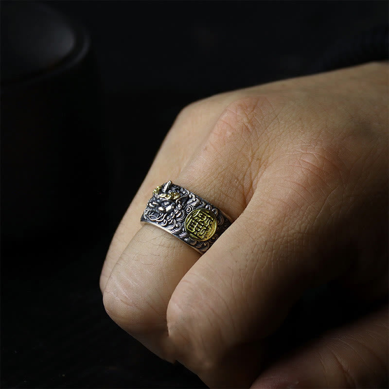 Buddha Stones 925 Sterling Silber PiXiu Kupfermünze Messing Reichtum Glück Verstellbarer Ring