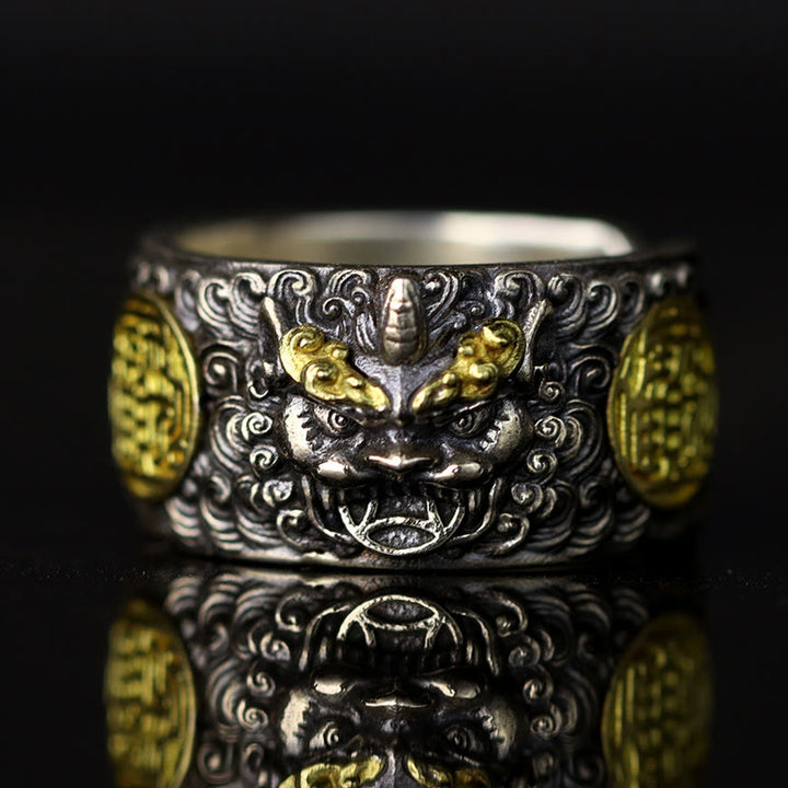 Buddha Stones 925 Sterling Silber PiXiu Kupfermünze Messing Reichtum Glück Verstellbarer Ring