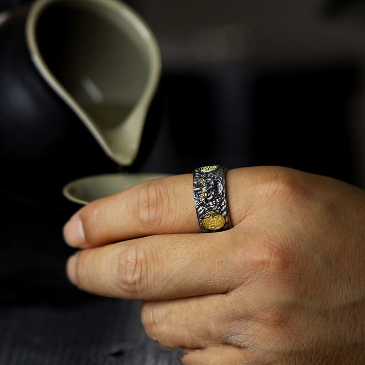 Buddha Stones 925 Sterling Silber PiXiu Kupfermünze Messing Reichtum Glück Verstellbarer Ring