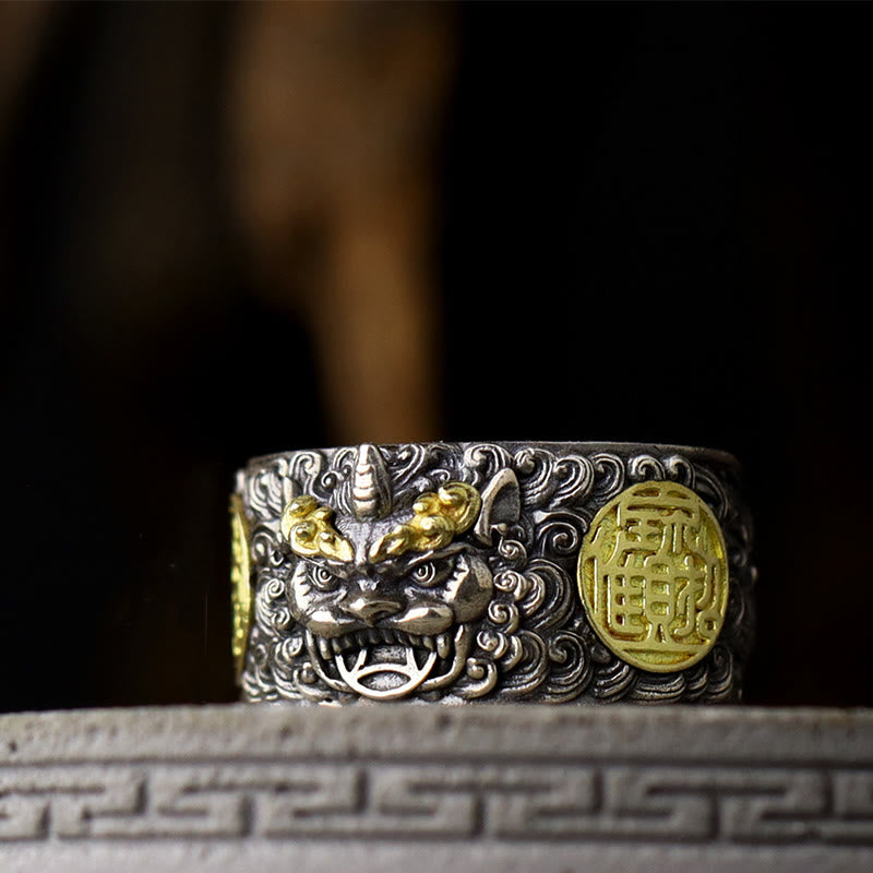 Buddha Stones 925 Sterling Silber PiXiu Kupfermünze Messing Reichtum Glück Verstellbarer Ring