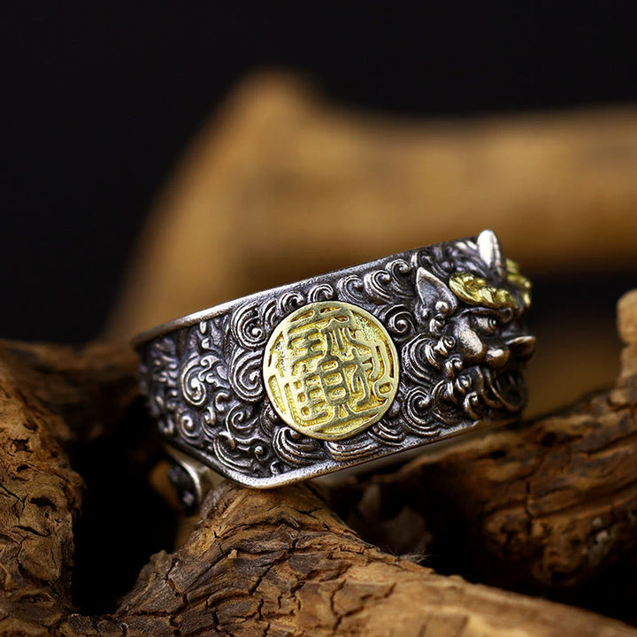 Buddha Stones 925 Sterling Silber PiXiu Kupfermünze Messing Reichtum Glück Verstellbarer Ring