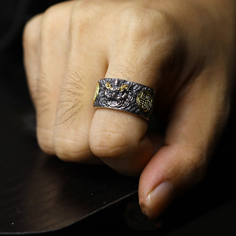 Buddha Stones 925 Sterling Silber PiXiu Kupfermünze Messing Reichtum Glück Verstellbarer Ring