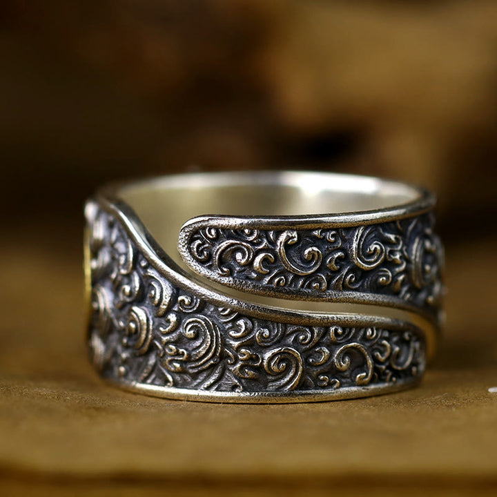 Buddha Stones 925 Sterling Silber PiXiu Kupfermünze Messing Reichtum Glück Verstellbarer Ring