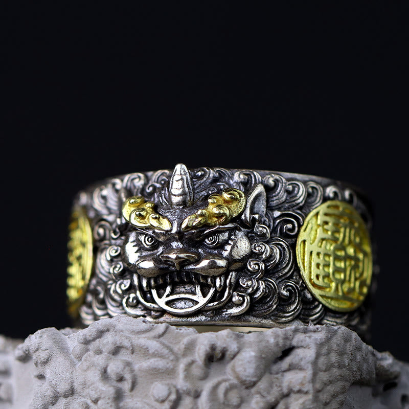 Buddha Stones 925 Sterling Silber PiXiu Kupfermünze Messing Reichtum Glück Verstellbarer Ring