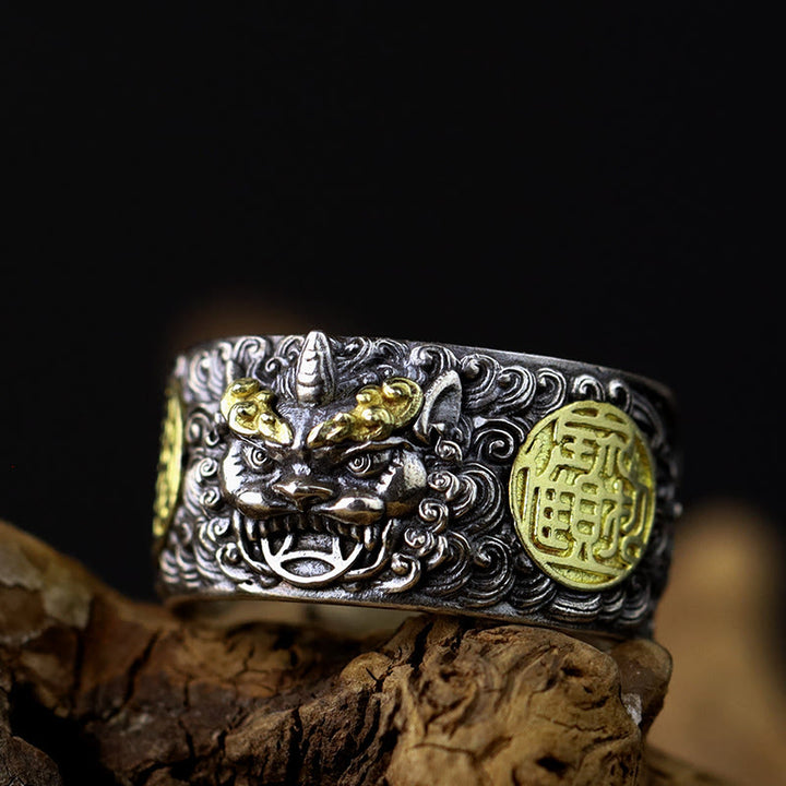 Buddha Stones 925 Sterling Silber PiXiu Kupfermünze Messing Reichtum Glück Verstellbarer Ring