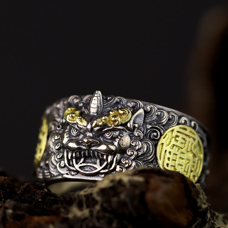 Buddha Stones 925 Sterling Silber PiXiu Kupfermünze Messing Reichtum Glück Verstellbarer Ring