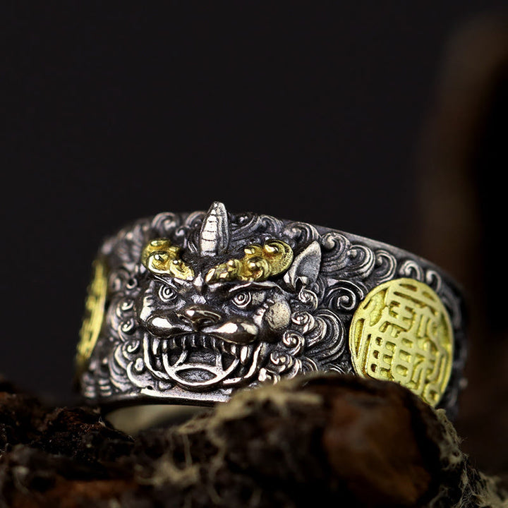 Buddha Stones 925 Sterling Silber PiXiu Kupfermünze Messing Reichtum Glück Verstellbarer Ring