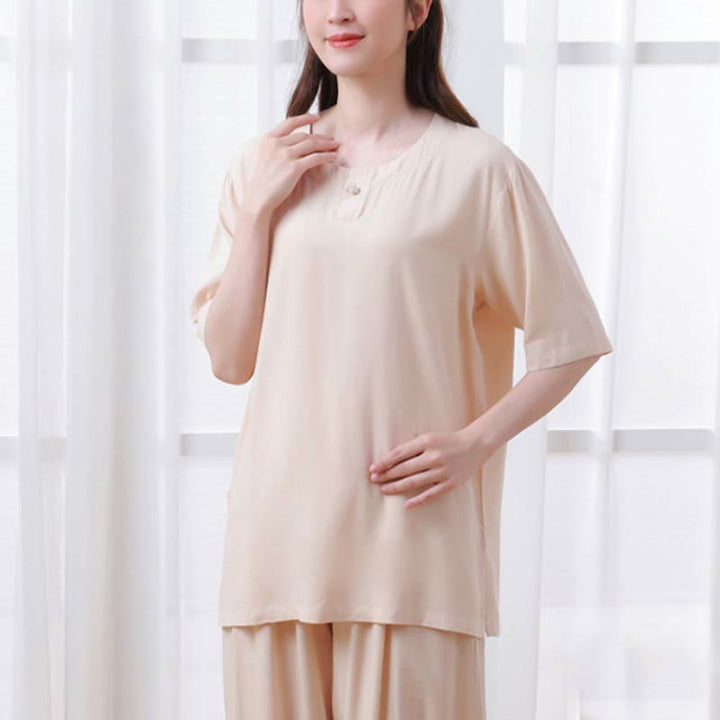 Buddha Stones, 2-teilig, einfarbig, Froschknopf, schlichtes Design, Rundhalsausschnitt, Halbarm-Shirt, Oberteil, elastische Taille, Hose, Meditation, Zen, Tai Chi, Baumwollkleidung, Damen-Set