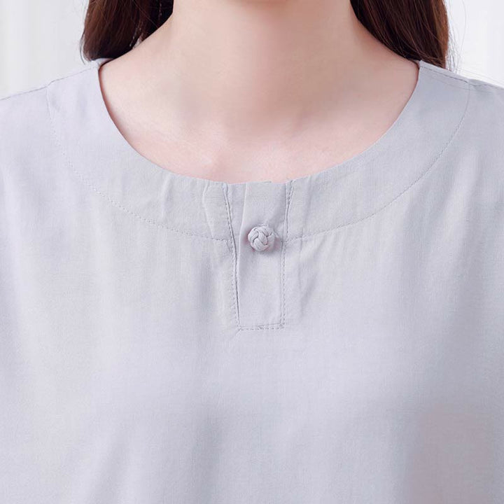 Buddha Stones, 2-teilig, einfarbig, Froschknopf, schlichtes Design, Rundhalsausschnitt, Halbarm-Shirt, Oberteil, elastische Taille, Hose, Meditation, Zen, Tai Chi, Baumwollkleidung, Damen-Set