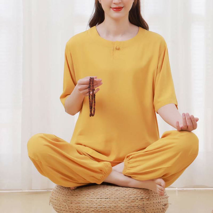 Buddha Stones, 2-teilig, einfarbig, Froschknopf, schlichtes Design, Rundhalsausschnitt, Halbarm-Shirt, Oberteil, elastische Taille, Hose, Meditation, Zen, Tai Chi, Baumwollkleidung, Damen-Set