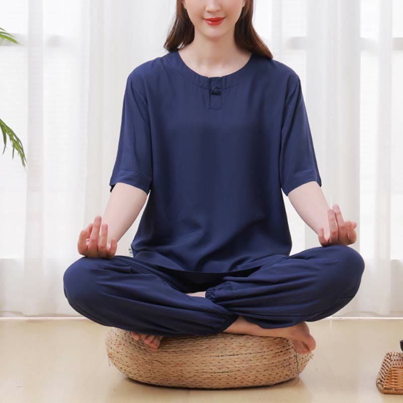 Buddha Stones, 2-teilig, einfarbig, Froschknopf, schlichtes Design, Rundhalsausschnitt, Halbarm-Shirt, Oberteil, elastische Taille, Hose, Meditation, Zen, Tai Chi, Baumwollkleidung, Damen-Set