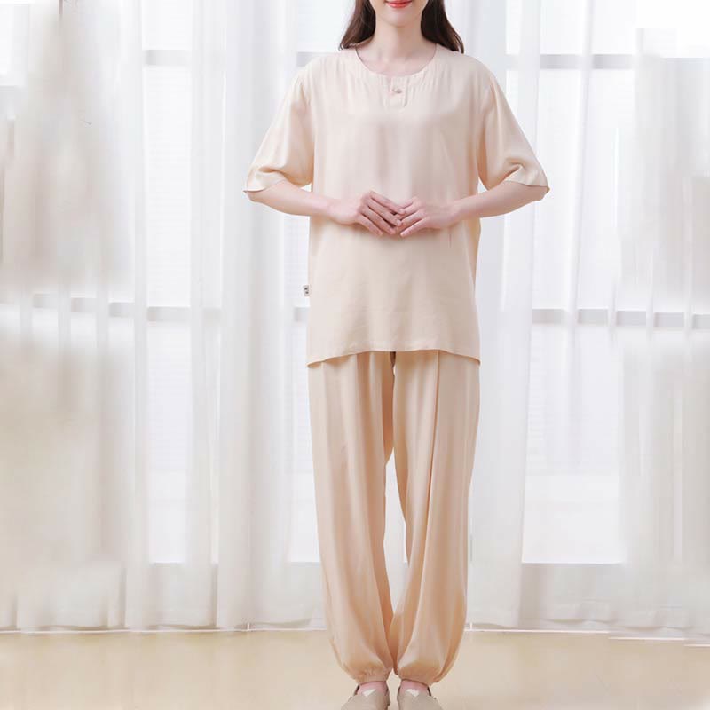 Buddha Stones, 2-teilig, einfarbig, Froschknopf, schlichtes Design, Rundhalsausschnitt, Halbarm-Shirt, Oberteil, elastische Taille, Hose, Meditation, Zen, Tai Chi, Baumwollkleidung, Damen-Set