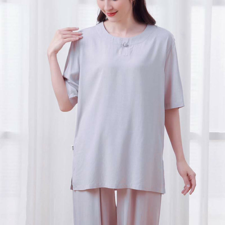 Buddha Stones, 2-teilig, einfarbig, Froschknopf, schlichtes Design, Rundhalsausschnitt, Halbarm-Shirt, Oberteil, elastische Taille, Hose, Meditation, Zen, Tai Chi, Baumwollkleidung, Damen-Set