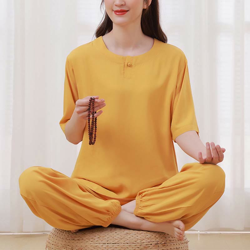 Buddha Stones, 2-teilig, einfarbig, Froschknopf, schlichtes Design, Rundhalsausschnitt, Halbarm-Shirt, Oberteil, elastische Taille, Hose, Meditation, Zen, Tai Chi, Baumwollkleidung, Damen-Set