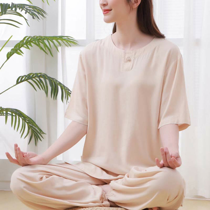 Buddha Stones, 2-teilig, einfarbig, Froschknopf, schlichtes Design, Rundhalsausschnitt, Halbarm-Shirt, Oberteil, elastische Taille, Hose, Meditation, Zen, Tai Chi, Baumwollkleidung, Damen-Set