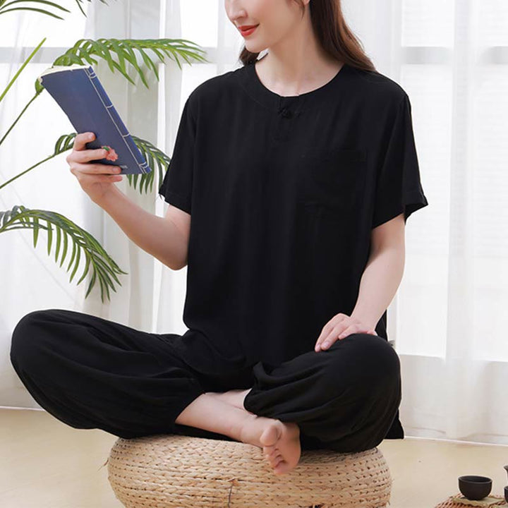 Buddha Stones, 2-teilig, einfarbig, Froschknopf, schlichtes Design, Rundhalsausschnitt, Halbarm-Shirt, Oberteil, elastische Taille, Hose, Meditation, Zen, Tai Chi, Baumwollkleidung, Damen-Set