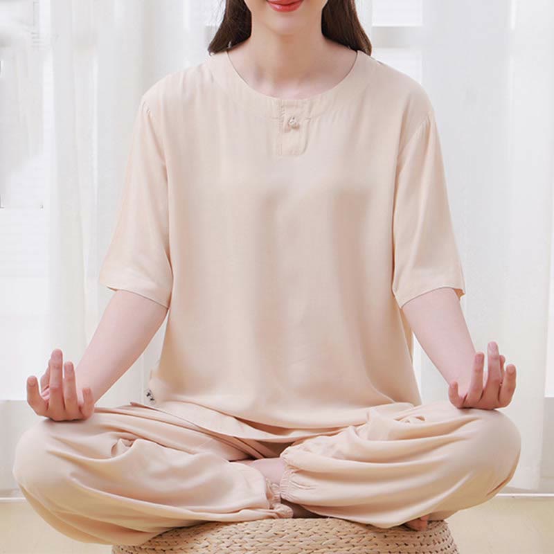Buddha Stones, 2-teilig, einfarbig, Froschknopf, schlichtes Design, Rundhalsausschnitt, Halbarm-Shirt, Oberteil, elastische Taille, Hose, Meditation, Zen, Tai Chi, Baumwollkleidung, Damen-Set