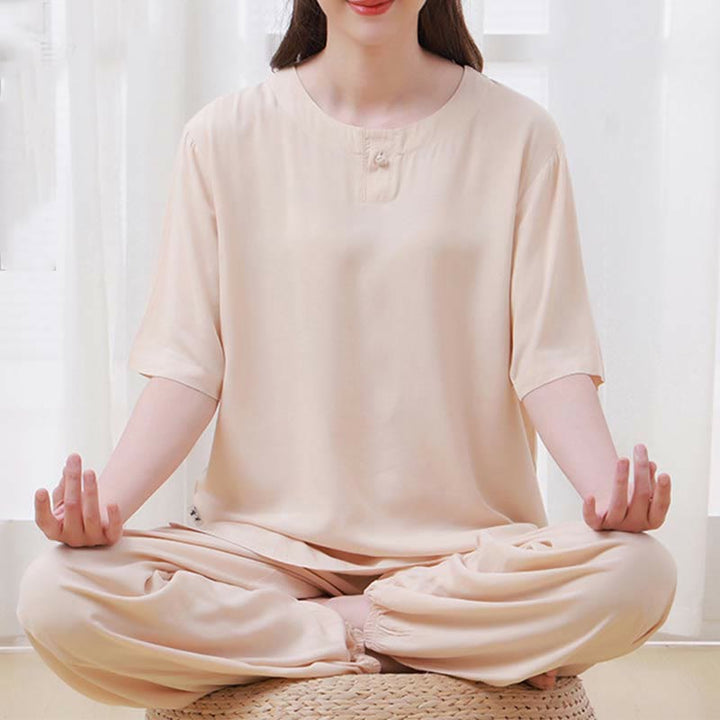 Buddha Stones, 2-teilig, einfarbig, Froschknopf, schlichtes Design, Rundhalsausschnitt, Halbarm-Shirt, Oberteil, elastische Taille, Hose, Meditation, Zen, Tai Chi, Baumwollkleidung, Damen-Set