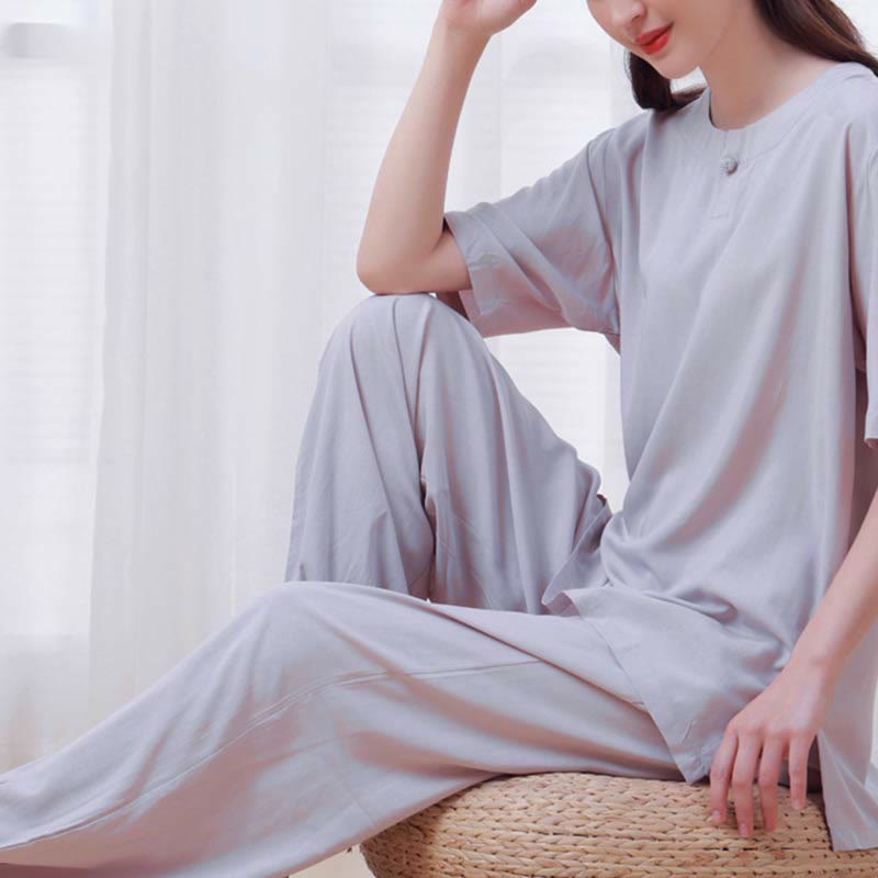 Buddha Stones, 2-teilig, einfarbig, Froschknopf, schlichtes Design, Rundhalsausschnitt, Halbarm-Shirt, Oberteil, elastische Taille, Hose, Meditation, Zen, Tai Chi, Baumwollkleidung, Damen-Set