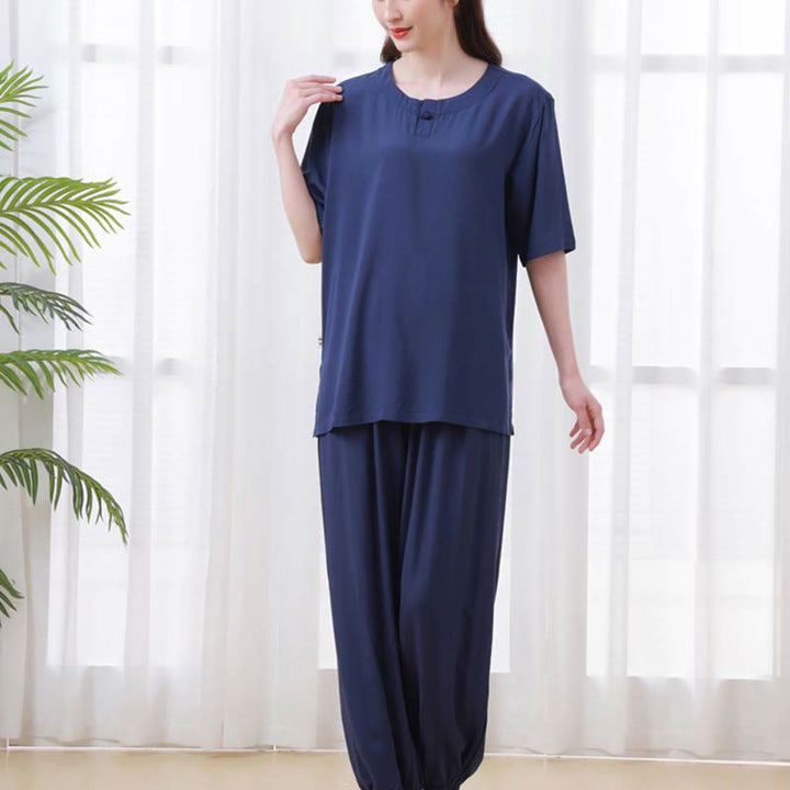 Buddha Stones, 2-teilig, einfarbig, Froschknopf, schlichtes Design, Rundhalsausschnitt, Halbarm-Shirt, Oberteil, elastische Taille, Hose, Meditation, Zen, Tai Chi, Baumwollkleidung, Damen-Set