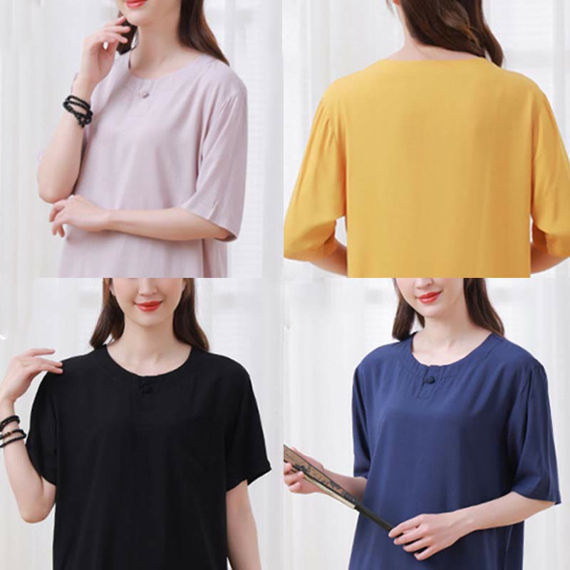 Buddha Stones, 2-teilig, einfarbig, Froschknopf, schlichtes Design, Rundhalsausschnitt, Halbarm-Shirt, Oberteil, elastische Taille, Hose, Meditation, Zen, Tai Chi, Baumwollkleidung, Damen-Set