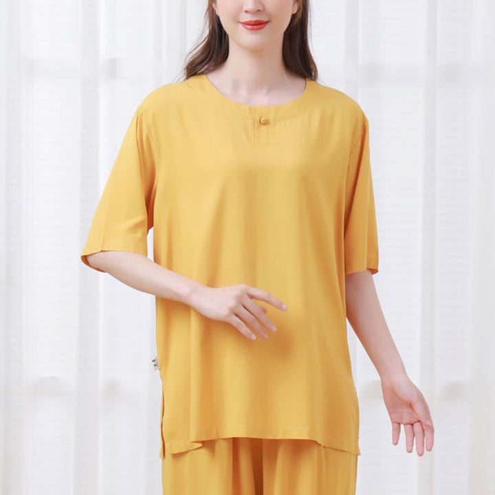 Buddha Stones, 2-teilig, einfarbig, Froschknopf, schlichtes Design, Rundhalsausschnitt, Halbarm-Shirt, Oberteil, elastische Taille, Hose, Meditation, Zen, Tai Chi, Baumwollkleidung, Damen-Set