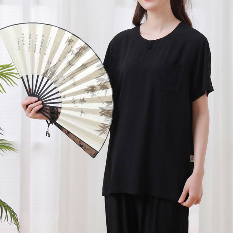 Buddha Stones, 2-teilig, einfarbig, Froschknopf, schlichtes Design, Rundhalsausschnitt, Halbarm-Shirt, Oberteil, elastische Taille, Hose, Meditation, Zen, Tai Chi, Baumwollkleidung, Damen-Set