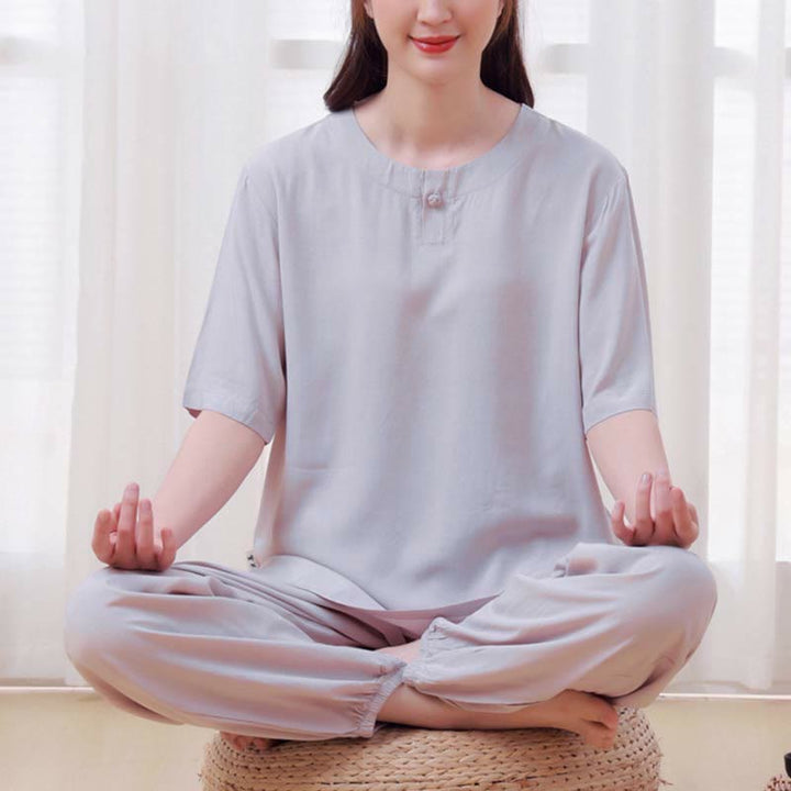 Buddha Stones, 2-teilig, einfarbig, Froschknopf, schlichtes Design, Rundhalsausschnitt, Halbarm-Shirt, Oberteil, elastische Taille, Hose, Meditation, Zen, Tai Chi, Baumwollkleidung, Damen-Set