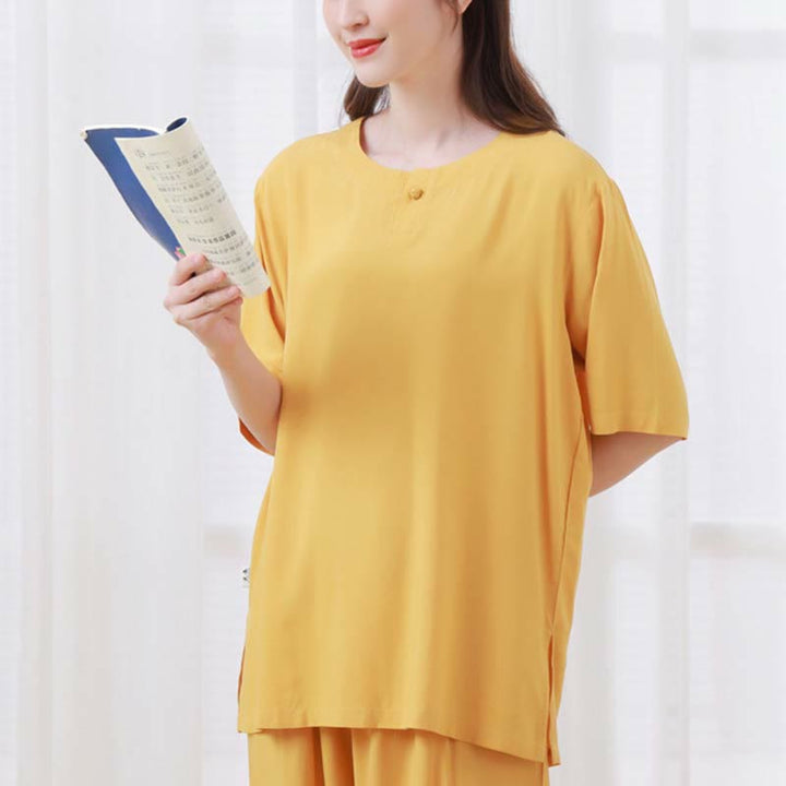 Buddha Stones, 2-teilig, einfarbig, Froschknopf, schlichtes Design, Rundhalsausschnitt, Halbarm-Shirt, Oberteil, elastische Taille, Hose, Meditation, Zen, Tai Chi, Baumwollkleidung, Damen-Set