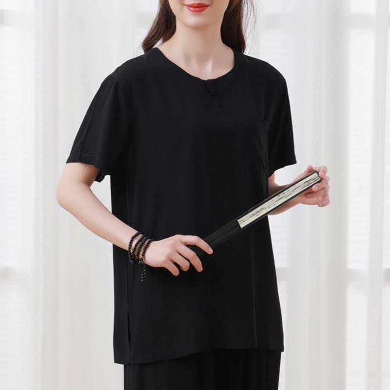 Buddha Stones, 2-teilig, einfarbig, Froschknopf, schlichtes Design, Rundhalsausschnitt, Halbarm-Shirt, Oberteil, elastische Taille, Hose, Meditation, Zen, Tai Chi, Baumwollkleidung, Damen-Set