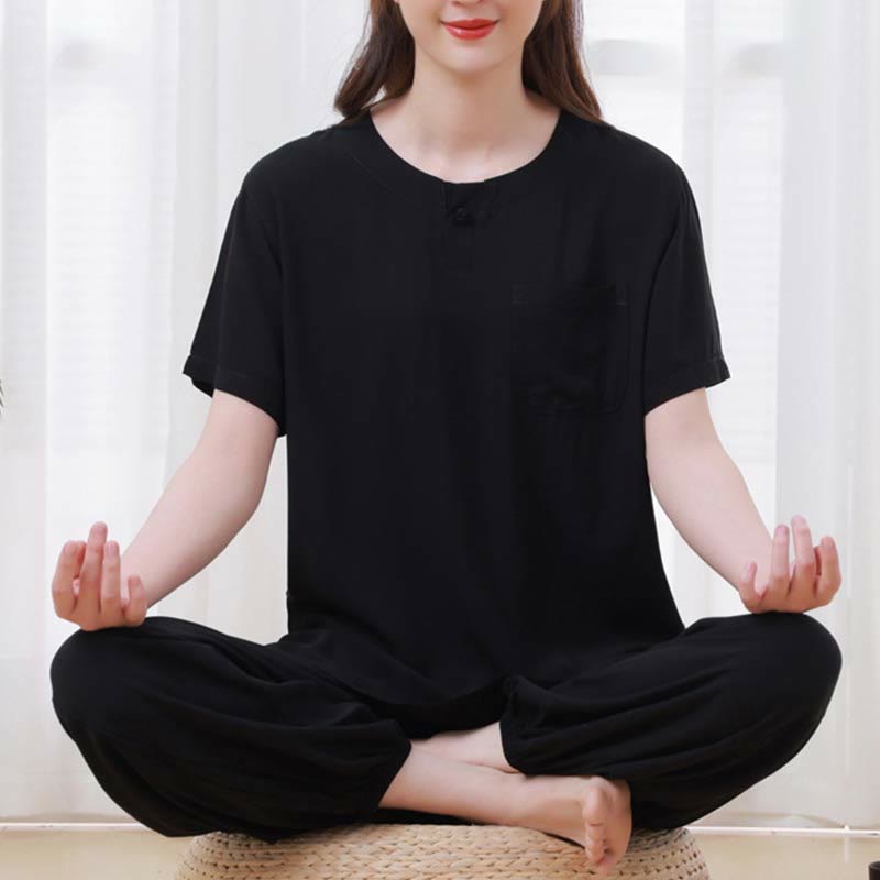 Buddha Stones, 2-teilig, einfarbig, Froschknopf, schlichtes Design, Rundhalsausschnitt, Halbarm-Shirt, Oberteil, elastische Taille, Hose, Meditation, Zen, Tai Chi, Baumwollkleidung, Damen-Set