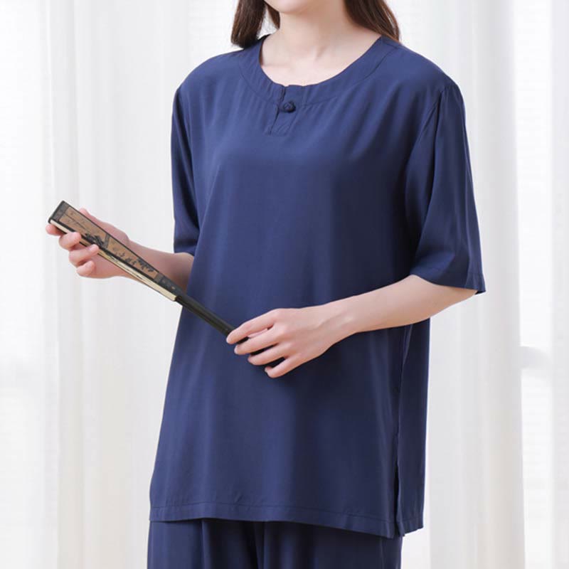 Buddha Stones, 2-teilig, einfarbig, Froschknopf, schlichtes Design, Rundhalsausschnitt, Halbarm-Shirt, Oberteil, elastische Taille, Hose, Meditation, Zen, Tai Chi, Baumwollkleidung, Damen-Set