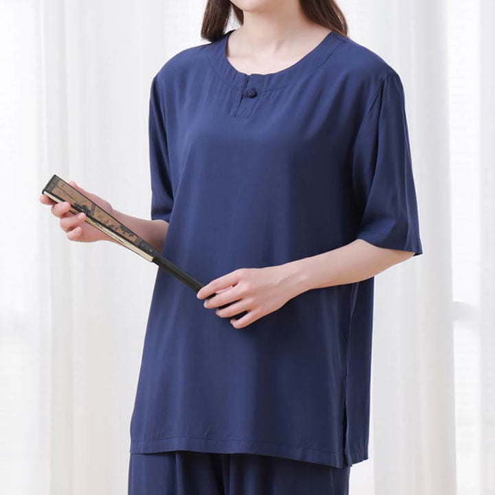 Buddha Stones, 2-teilig, einfarbig, Froschknopf, schlichtes Design, Rundhalsausschnitt, Halbarm-Shirt, Oberteil, elastische Taille, Hose, Meditation, Zen, Tai Chi, Baumwollkleidung, Damen-Set
