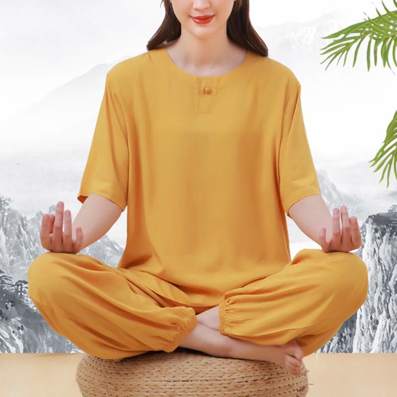 Buddha Stones, 2-teilig, einfarbig, Froschknopf, schlichtes Design, Rundhalsausschnitt, Halbarm-Shirt, Oberteil, elastische Taille, Hose, Meditation, Zen, Tai Chi, Baumwollkleidung, Damen-Set