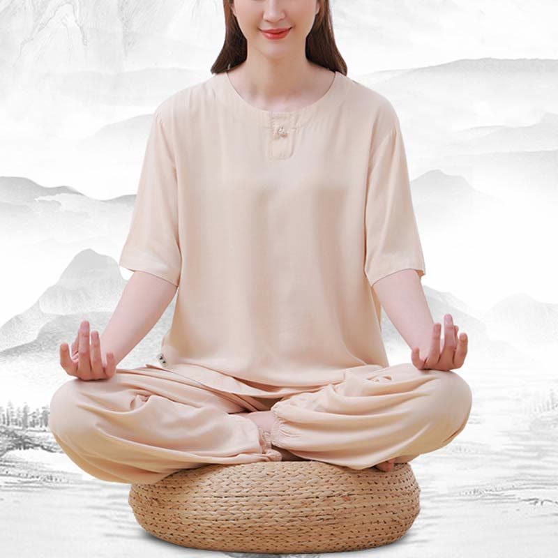 Buddha Stones, 2-teilig, einfarbig, Froschknopf, schlichtes Design, Rundhalsausschnitt, Halbarm-Shirt, Oberteil, elastische Taille, Hose, Meditation, Zen, Tai Chi, Baumwollkleidung, Damen-Set