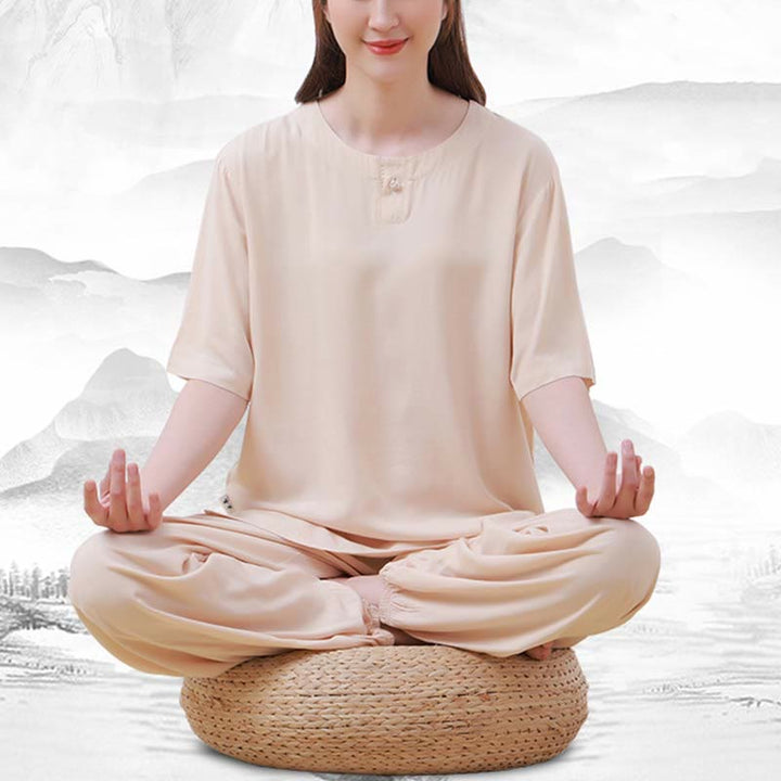 Buddha Stones, 2-teilig, einfarbig, Froschknopf, schlichtes Design, Rundhalsausschnitt, Halbarm-Shirt, Oberteil, elastische Taille, Hose, Meditation, Zen, Tai Chi, Baumwollkleidung, Damen-Set