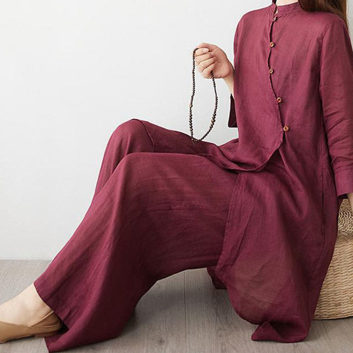 Buddha Stones Casual 2-teiliges Set: Schlichtes Dreiviertelarm-Hemd mit schrägem Kragen, weit geschnittene Hose mit Taschen – ideal für Meditation, Zen und Tai Chi. - image 7