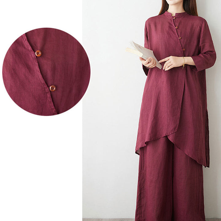 Buddha Stones Casual 2-teiliges Set: Schlichtes Dreiviertelarm-Hemd mit schrägem Kragen, weit geschnittene Hose mit Taschen – ideal für Meditation, Zen und Tai Chi. - image 8