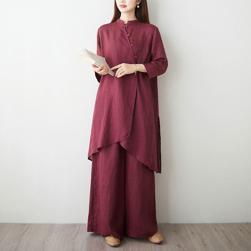 Buddha Stones Casual 2-teiliges Set: Schlichtes Dreiviertelarm-Hemd mit schrägem Kragen, weit geschnittene Hose mit Taschen – ideal für Meditation, Zen und Tai Chi. - image 2