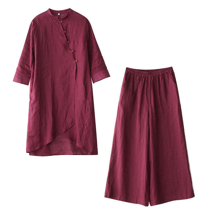 Buddha Stones Casual 2-teiliges Set: Schlichtes Dreiviertelarm-Hemd mit schrägem Kragen, weit geschnittene Hose mit Taschen – ideal für Meditation, Zen und Tai Chi. - image 18